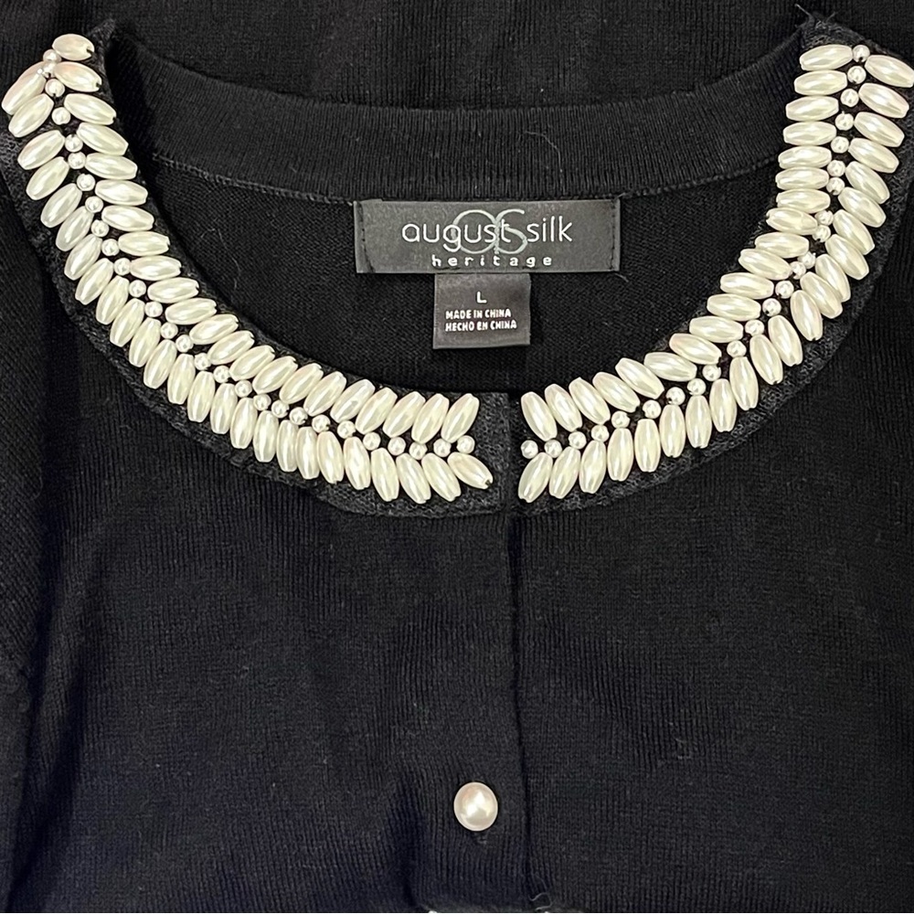 AUGUST SILK Pearls Cardigan Sweater Women's SIZE LARGE Black Classic Chic Knit